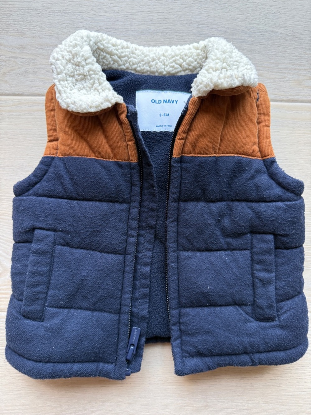 Old Navy Navy and Brown Sherpa Collar Puffer Vest - 3-6 Months